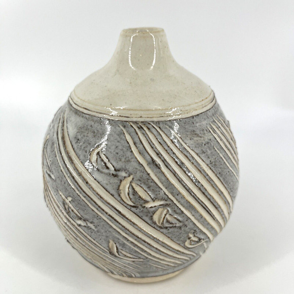 Vintage Stoneware Ceramic Studio Art Pottery Glazed Carved Bud Vase Signed - Picture 1 of 14